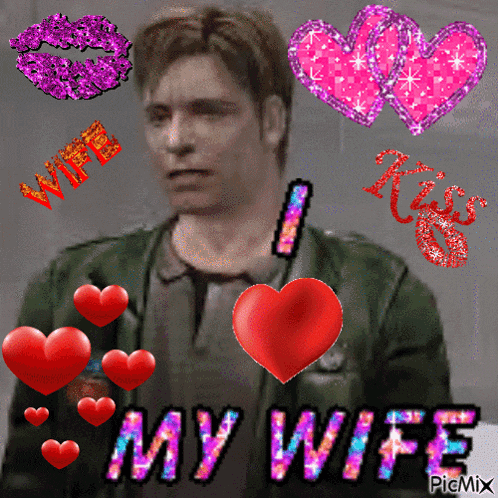 a man in a green jacket is surrounded by hearts and the words i love my wife