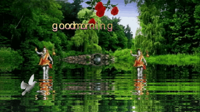 a good morning greeting card with a statue and a dove in the water