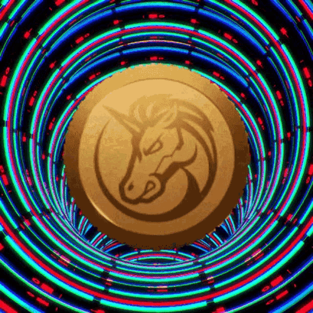 a coin with a unicorn on it is surrounded by neon lights
