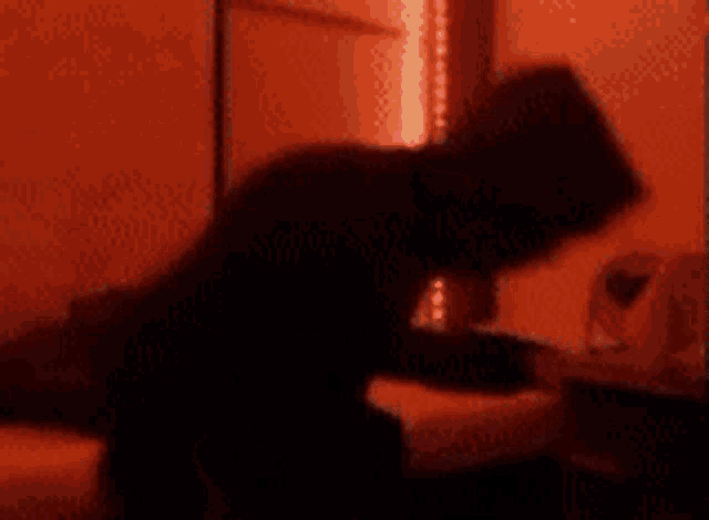 a blurry picture of a person in a hoodie standing in a room with red lights .