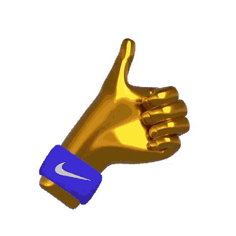 a gold hand with a blue nike wristband is giving a thumbs up sign .