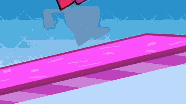 a cartoon character is jumping across a pink and purple striped surface