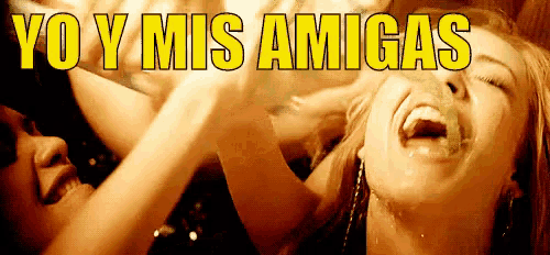 a woman is laughing with the words yo y mis amigas written above her