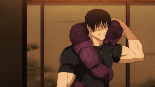a man in a black shirt is holding a purple stuffed animal on his shoulder
