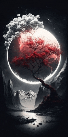 a tree with red leaves is surrounded by mountains and a full moon in the background .