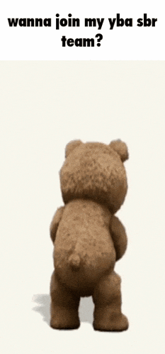 a teddy bear is holding a can of soda and says wanna join my yba sbr team