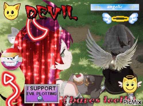 a picture of a girl with red hair and devil written on her head