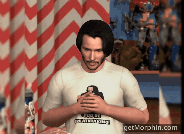 a man is wearing a shirt that says you 're breathtaking