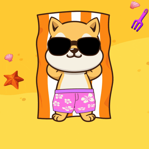 a dog wearing sunglasses is laying on a striped towel