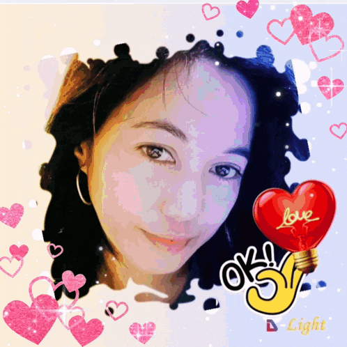 a woman 's face is surrounded by pink hearts and a red heart that says love on it