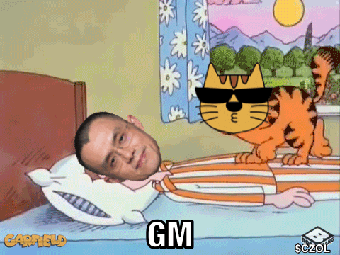 a cartoon of a man laying in bed with garfield