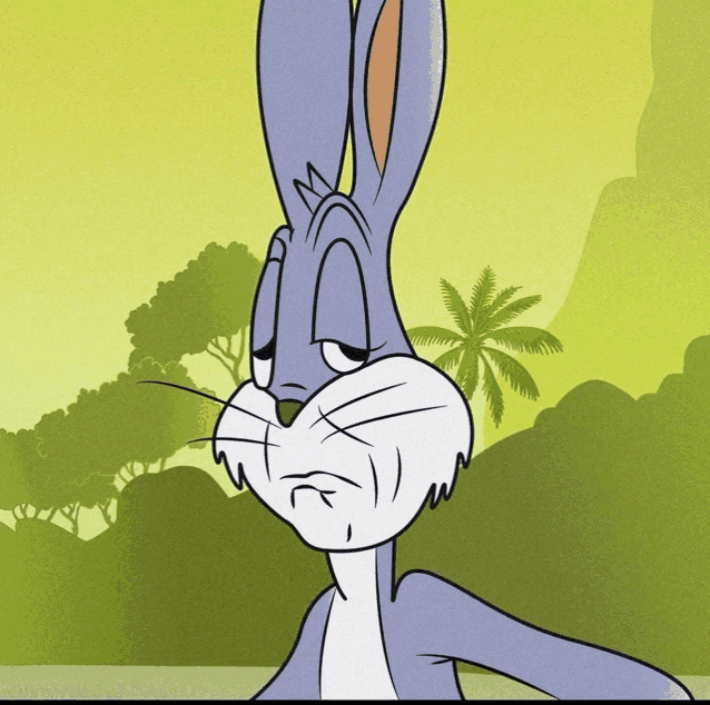 a cartoon of bugs bunny making a sad face with palm trees in the background