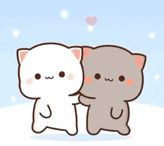 two cartoon cats are standing next to each other holding hands in the snow .