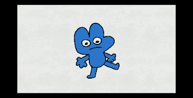 a drawing of a blue cartoon character with a serious face