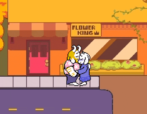 a pixel art of a man and a goat kissing in front of a flower shop .
