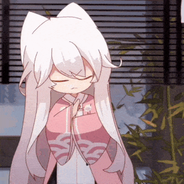 a girl with long white hair is wearing a pink jacket with waves