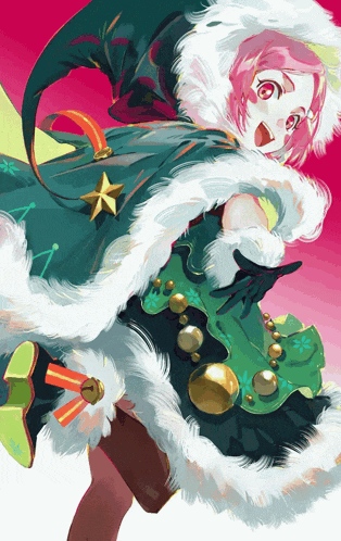 a girl with pink hair is wearing a green and white cape