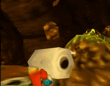 a cartoon character is holding a roll of toilet paper in a cave