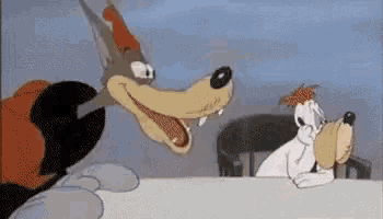 a cartoon wolf and a dog are standing next to each other .