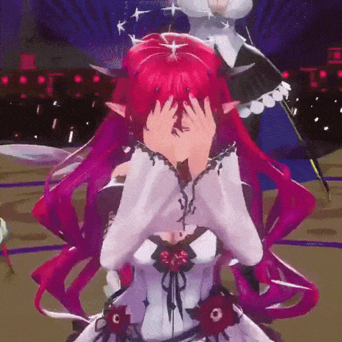 a girl with red hair and a white dress covering her face with her hands