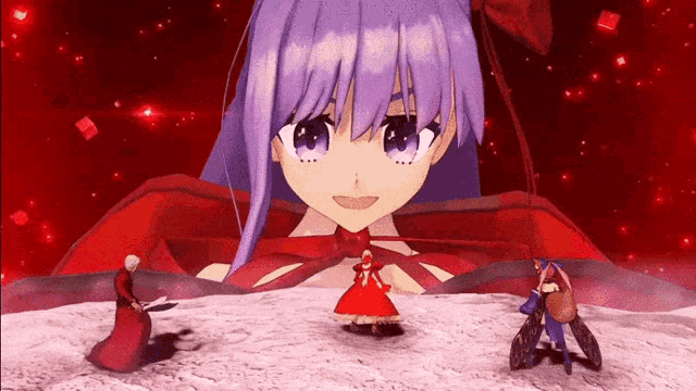 a girl with purple hair and a red dress is surrounded by a group of people