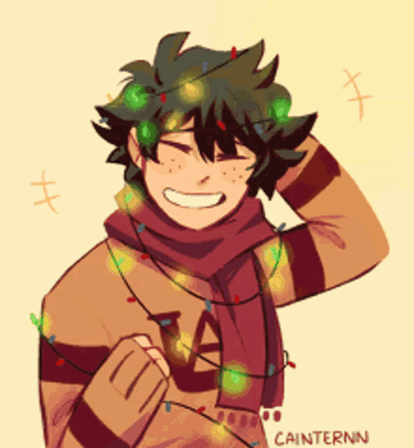 a drawing of a boy with christmas lights around his head by cainternin