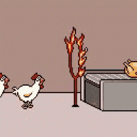 two chickens standing next to a toaster oven