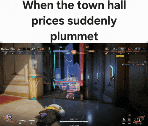 a video game screen with the words when the town hall prices suddenly plummet