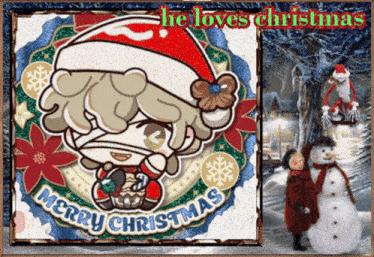 a merry christmas greeting card with a cartoon character