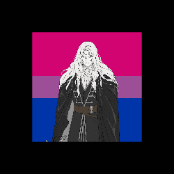 a pixel art of a man with long white hair and a bisexual flag in the background