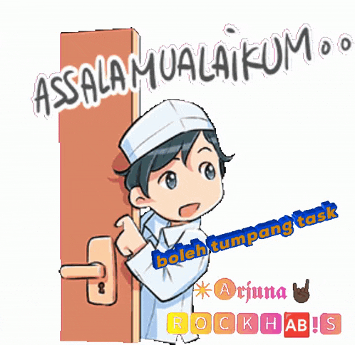 a cartoon of a man standing in front of a door with the words assalamualaikum written on it .