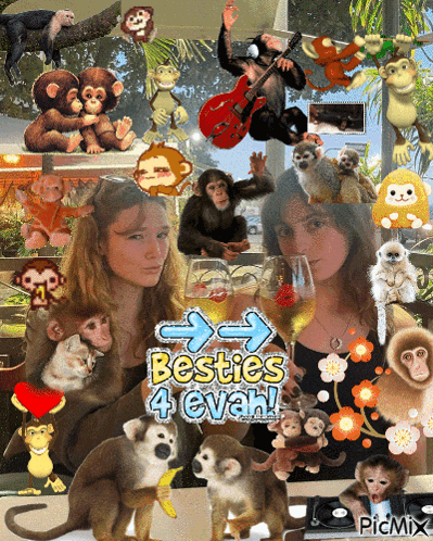 a collage of monkeys and two girls with the words besties 4 evah