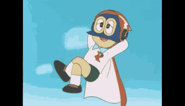 a cartoon character is wearing a helmet and a cape while flying in the air .