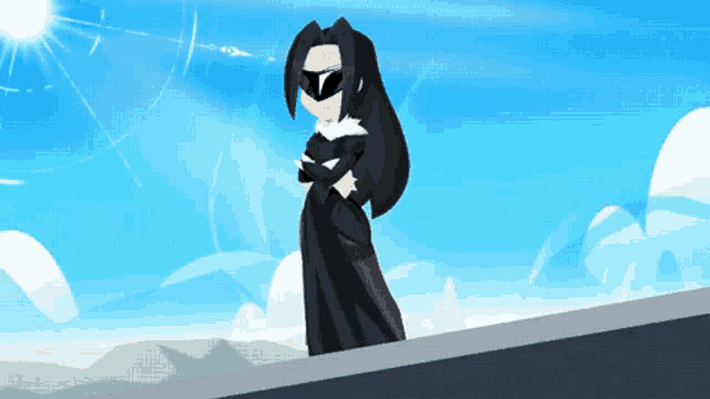 a cartoon drawing of a woman in a black dress and sunglasses