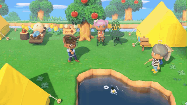 a video game scene with a pond and a tree