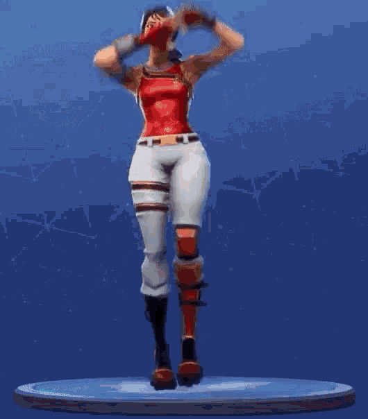 a cartoon character is standing on one leg on a pedestal .