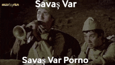 two men in military uniforms with the words " savaş var " written on the bottom