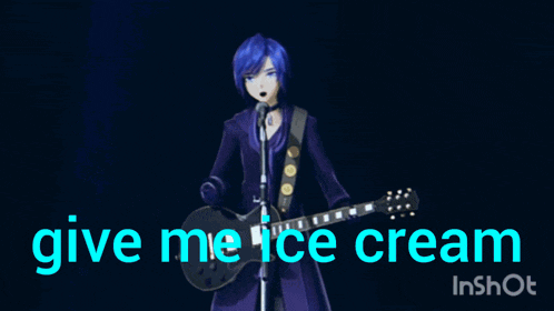 a person with blue hair singing into a microphone with the words give me ice cream