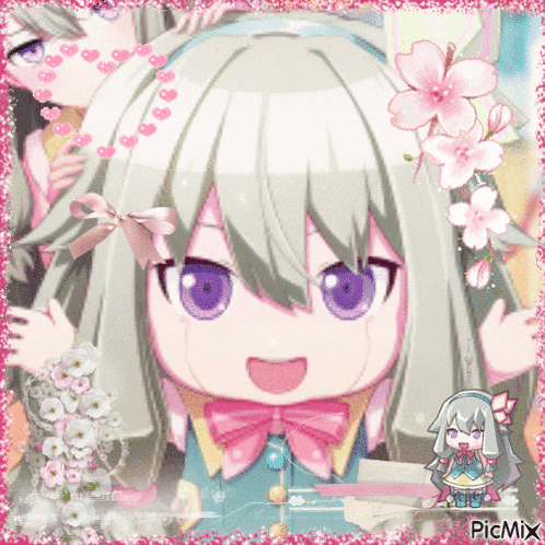 a picture of a cute anime girl with purple eyes and a bow