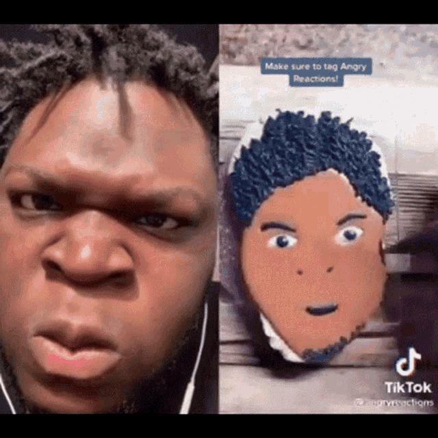 a man is making a funny face next to a cake that looks like a face