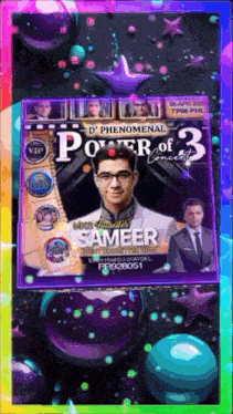 a poster for the power of 3 concert shows a man in glasses