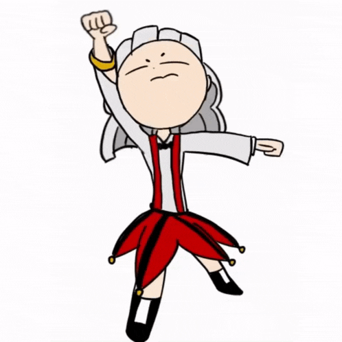 a cartoon character is wearing a chef 's hat and a jester 's outfit and has his fist in the air .