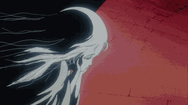 a drawing of a woman with long white hair standing in front of a red wall