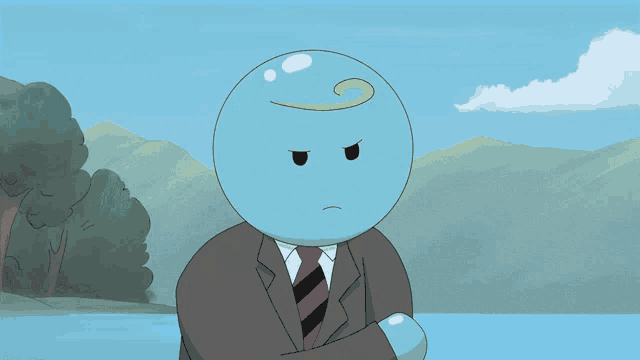 a cartoon character in a suit and tie has a swirl on his head
