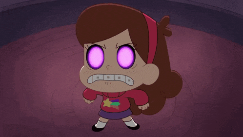 a little girl with purple eyes and a star on her shirt