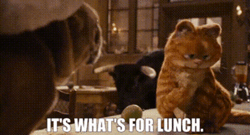 a cat is sitting on a table with the words it 's what 's for lunch written on it .