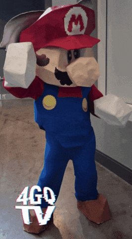 a mario mascot is standing next to a 4go tv logo