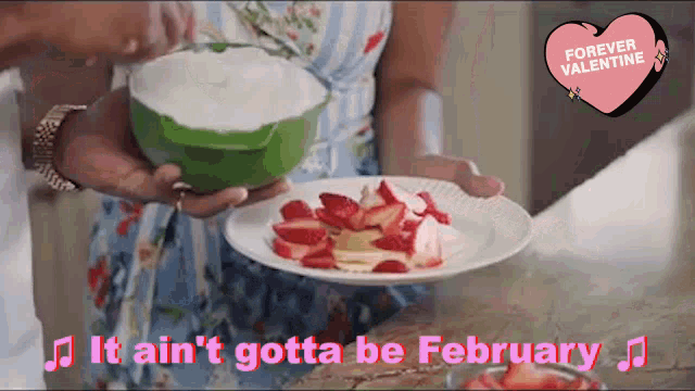 a woman is holding a plate of food and a bowl of whipped cream .