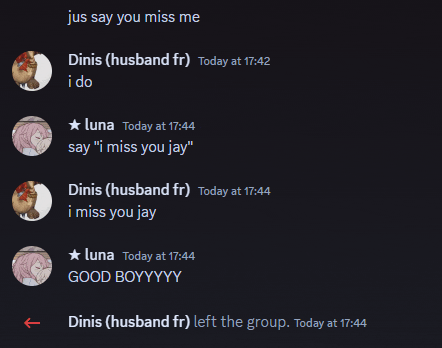 a screenshot of a conversation between dinis ( husband fr ) and luna ( good boy )