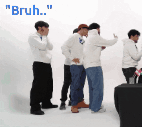 a group of men standing next to each other with the words " bruh " on the top